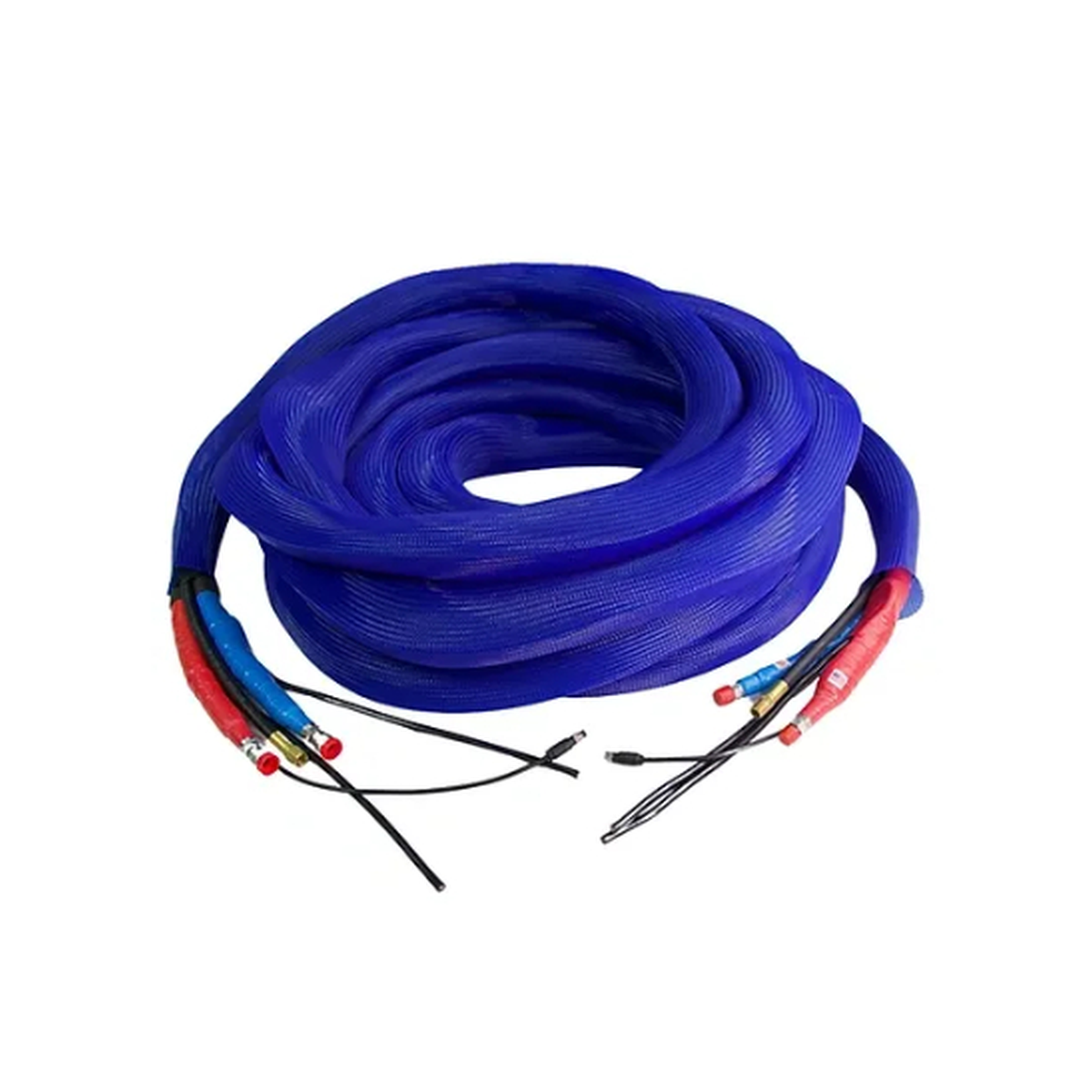 Coiled blue cable with red and black connectors on a white background