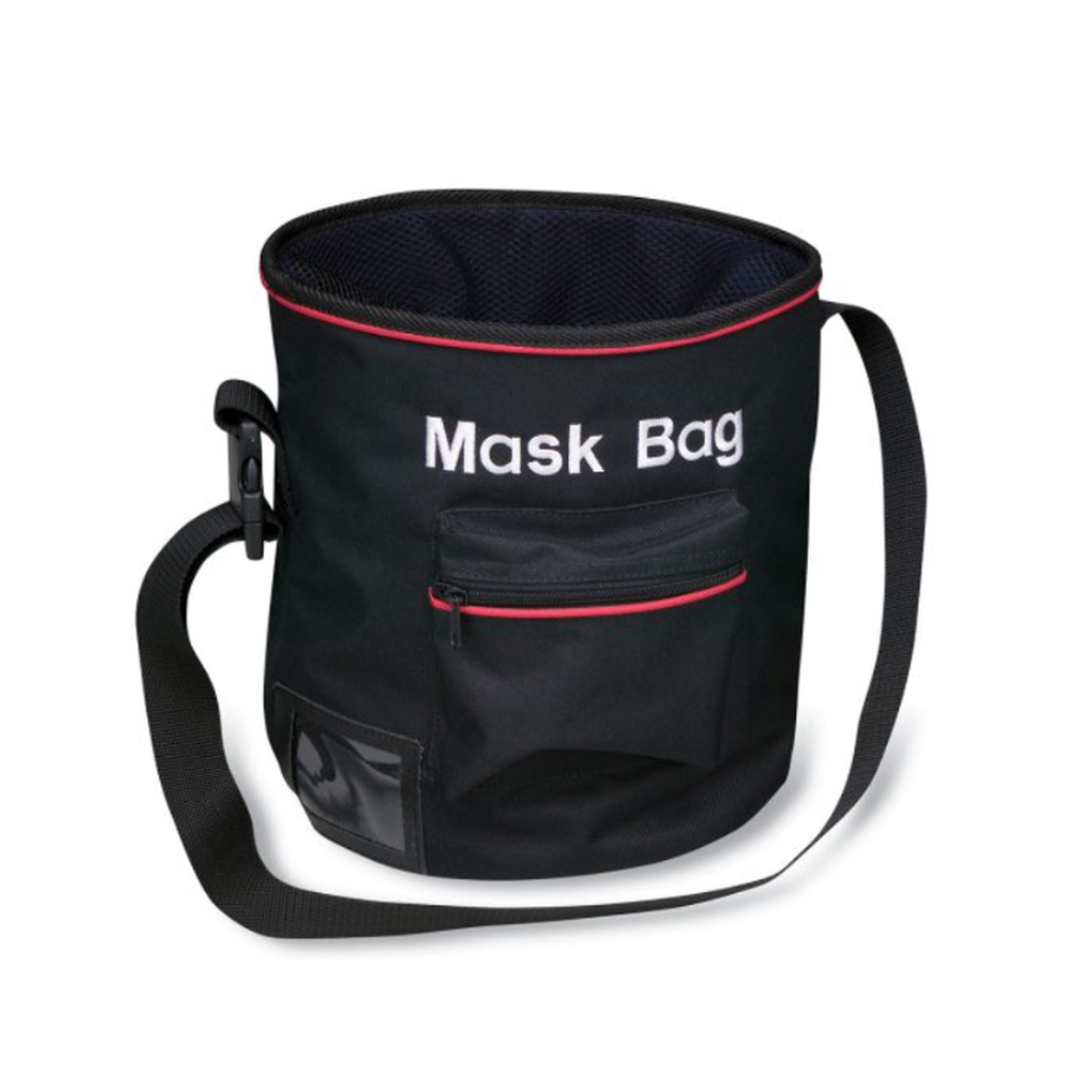Black 'Mask Bag' with red accents on a white background