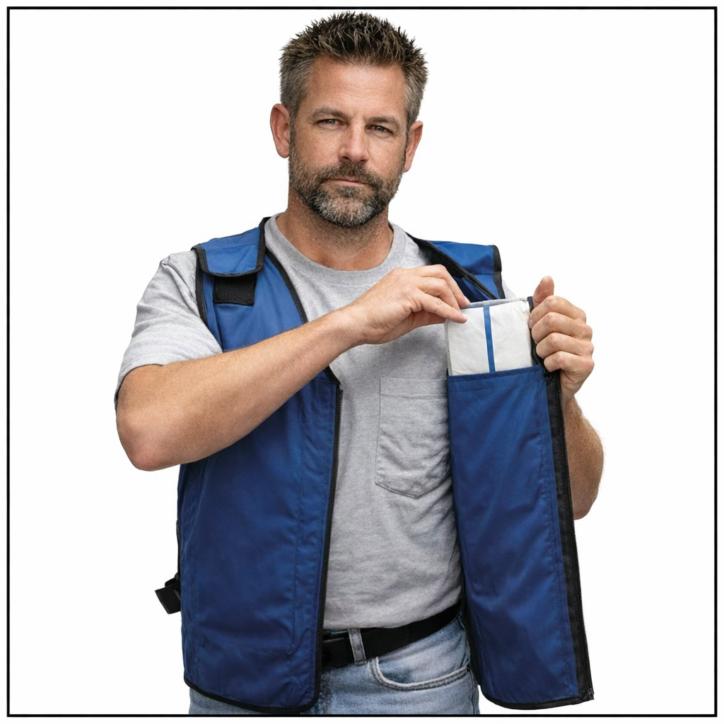 Man wearing a blue vest holding it open on a white background