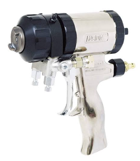 Graco Fusion AP air purge spray foam gun with metal pistol grip, black front housing and silver cylindrical body for professional spray foam insulation applications.