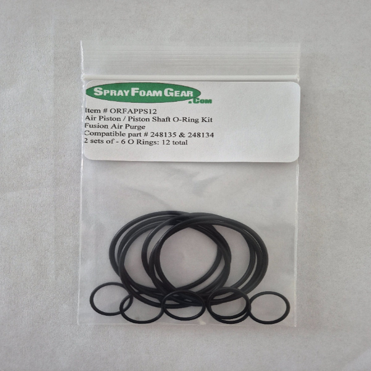 Packaged set of black O-rings with Spray Foam Gear label on a gray background