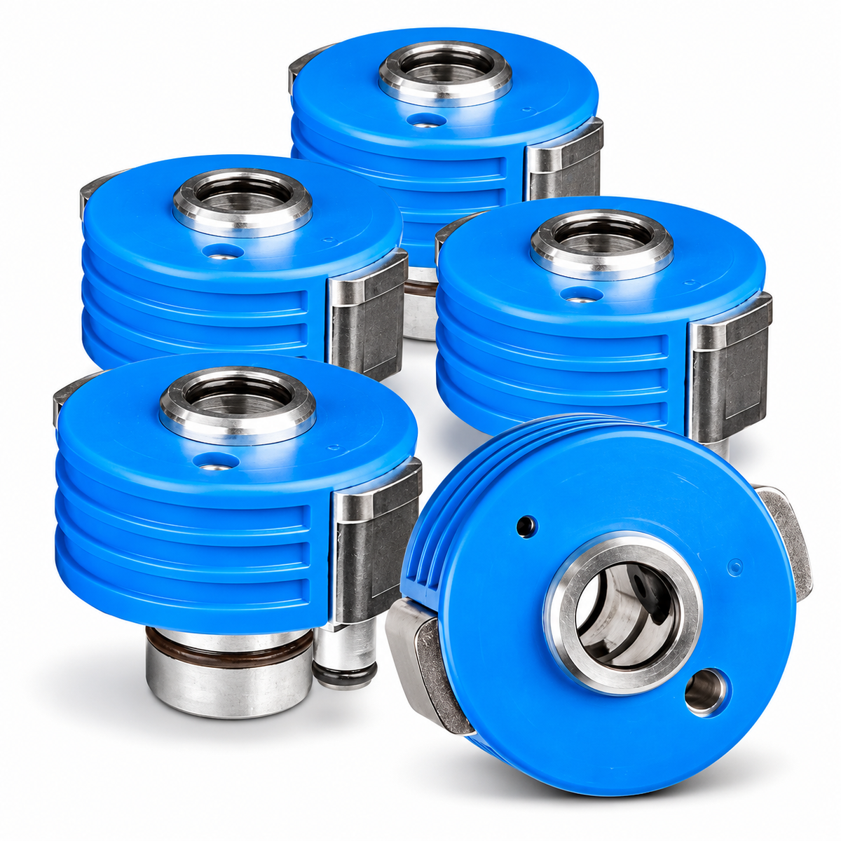 Graco Fusion PC ProConnect 5-pack replacement cartridges featuring five blue cartridges with stainless steel components for Graco Fusion PC spray foam guns.