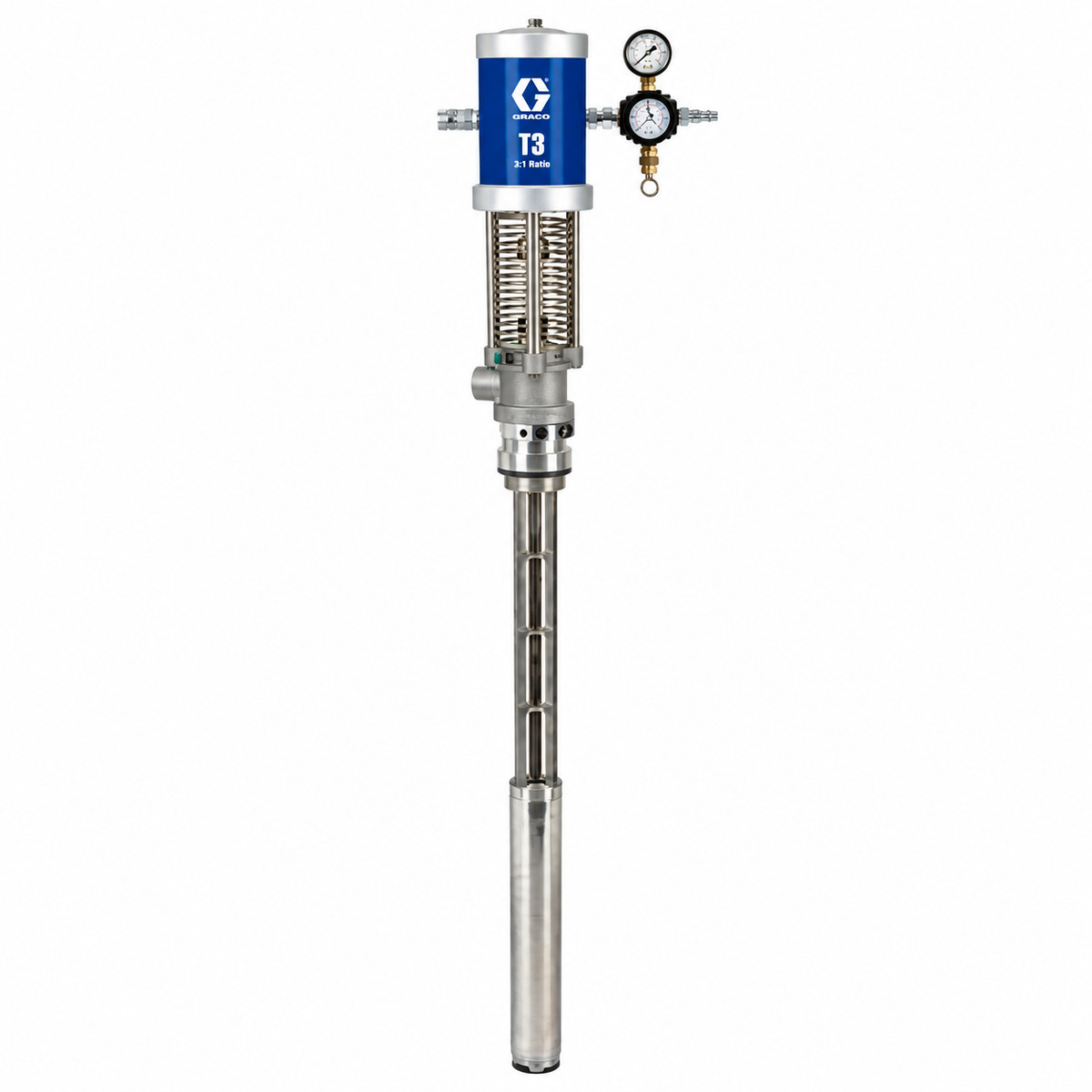 Graco 26A304 T3 3:1 stainless steel transfer pump with blue Graco air motor, pressure regulator, gauge, and long stainless steel pump tube for spray foam insulation equipment.