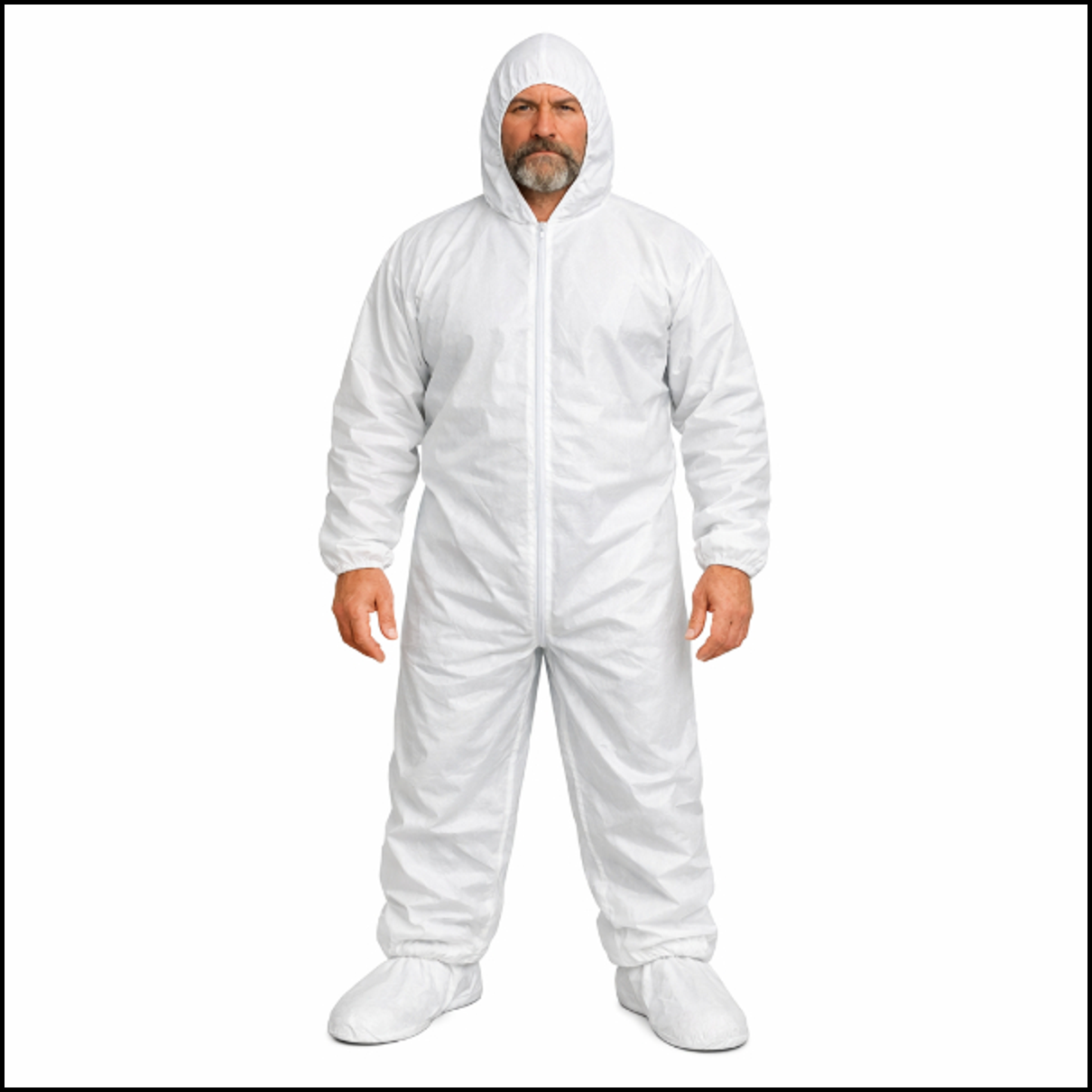Person wearing a white protective suit on a white background