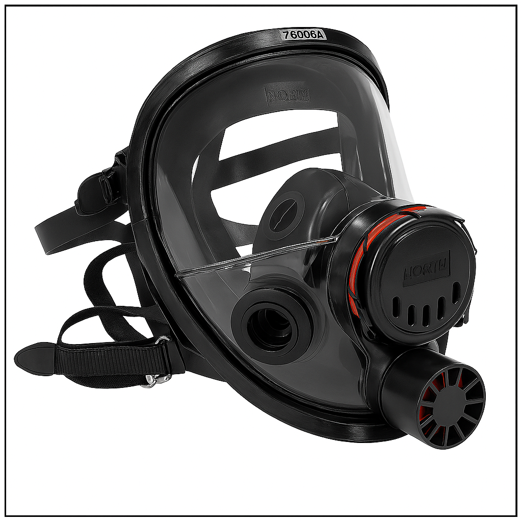 Black full-face respirator mask with clear visor on a white background