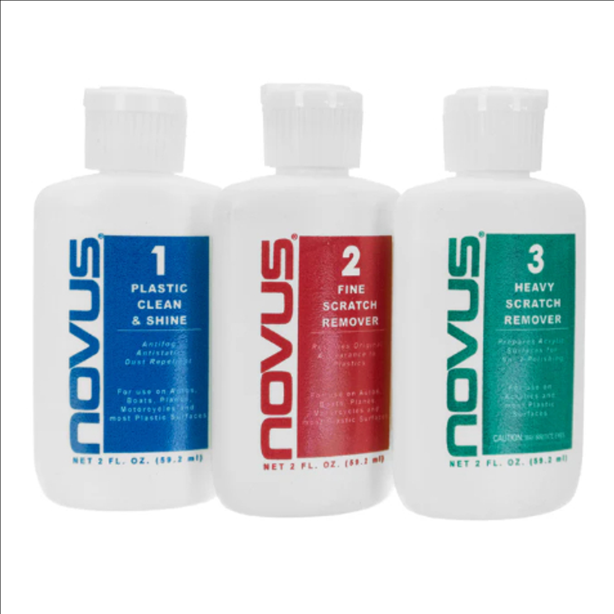 Three bottles of Novus car care products on a white background
