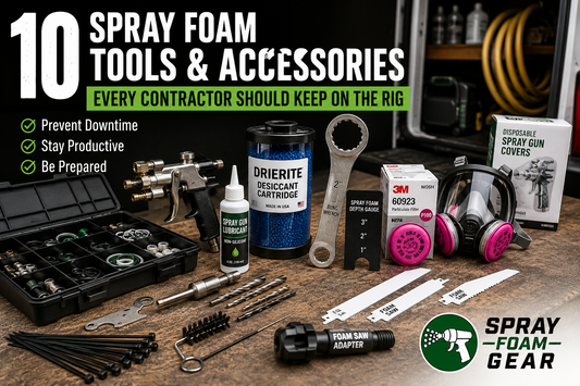 10 essential spray foam tools and accessories for contractors, including PPE, maintenance tools, parts, blades and jobsite supplies.