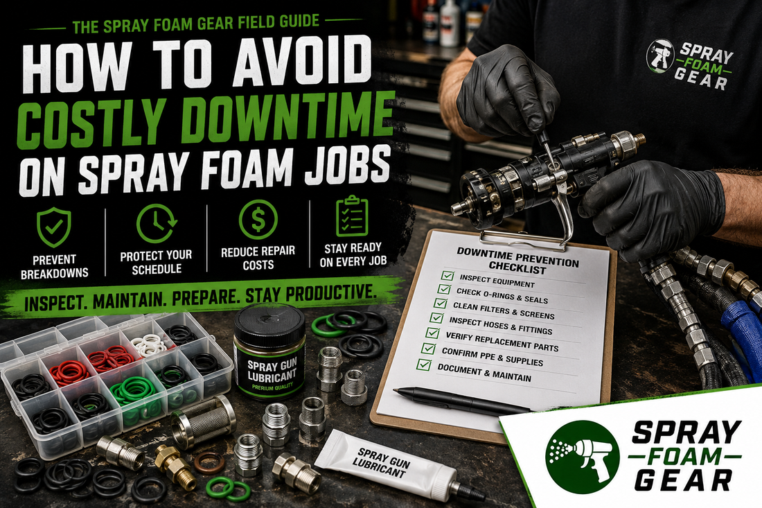 Spray foam contractor inspecting spray foam gun and replacement parts during preventive maintenance to reduce costly downtime on spray foam jobs.