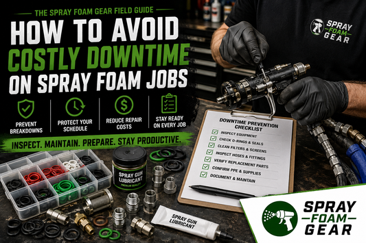 Spray foam contractor inspecting spray foam gun and replacement parts during preventive maintenance to reduce costly downtime on spray foam jobs.