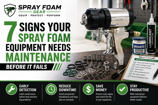 Spray foam contractor inspecting spray foam equipment, O-rings, and replacement parts to identify maintenance issues before costly equipment failure.