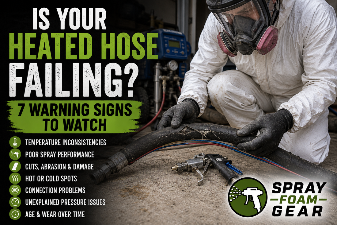 Spray foam technician inspecting a damaged heated hose for wear, temperature issues, and signs of potential hose failure.