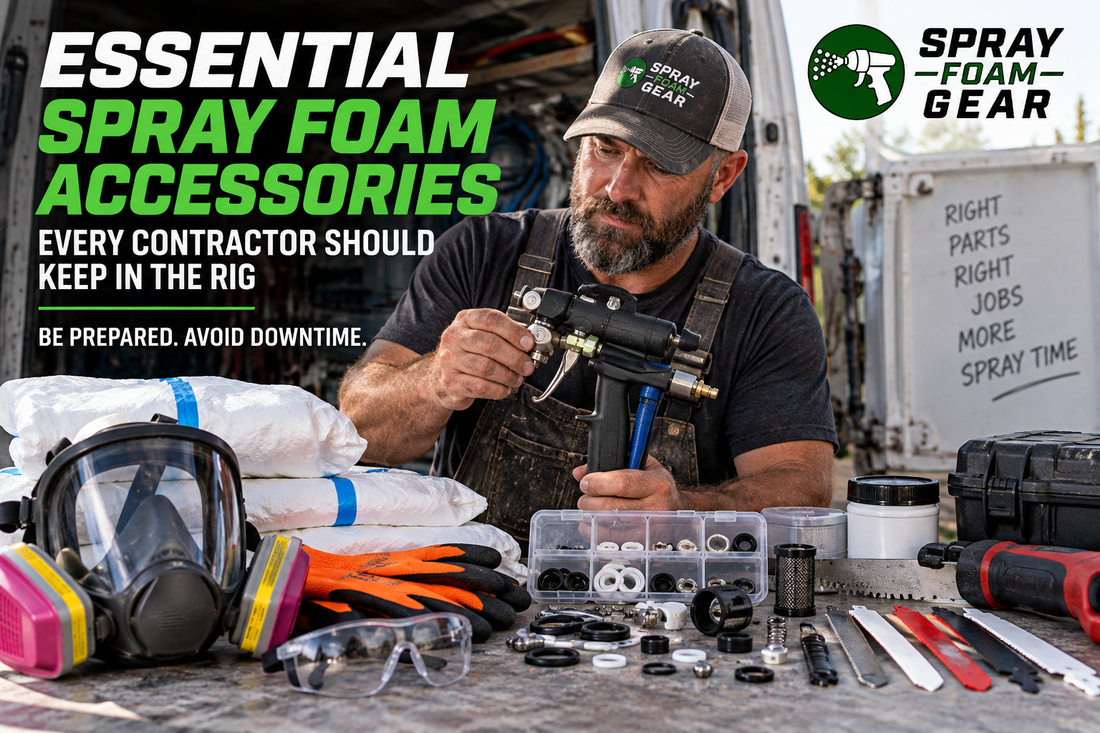 Essential spray foam accessories every contractor should keep in the rig, including spray gun parts, O-rings, PPE, respirator, gloves, coveralls and foam trimming tools.
