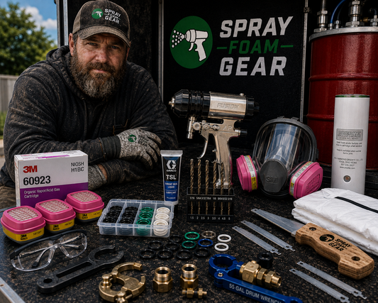 Spray foam contractor with essential spray foam accessories, PPE, O-rings, tools and equipment organized on a spray rig.