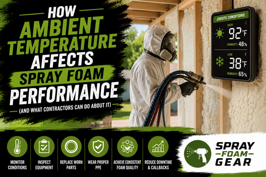 Spray foam contractor applying insulation while monitoring ambient temperature conditions, illustrating how weather affects spray foam performance, foam quality, equipment efficiency, and jobsite productivity with Spray Foam Gear.