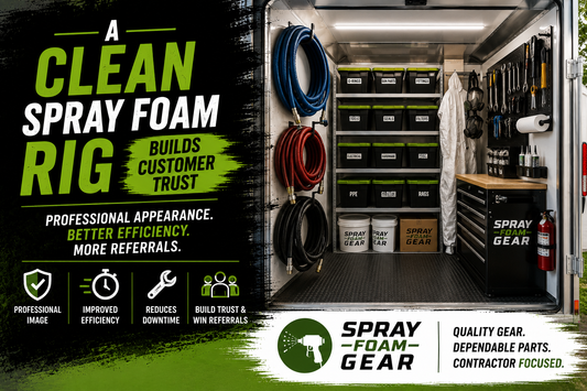 Clean and organized spray foam trailer with neatly stored heated hoses, PPE, tools, and replacement parts, demonstrating how a professional spray foam rig improves efficiency, builds customer trust, and supports successful insulation contractors.
