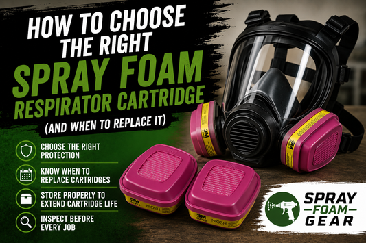 Professional spray foam respirator with genuine 3M 60923 organic vapor and P100 cartridges, illustrating proper respiratory protection and cartridge selection for spray foam insulation contractors, with the official Spray Foam Gear logo.