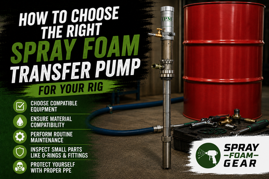 Industrial spray foam transfer pump beside a 55-gallon drum with spray foam equipment and the official Spray Foam Gear logo, illustrating how to choose the right transfer pump for reliable material transfer and improved contractor productivity.