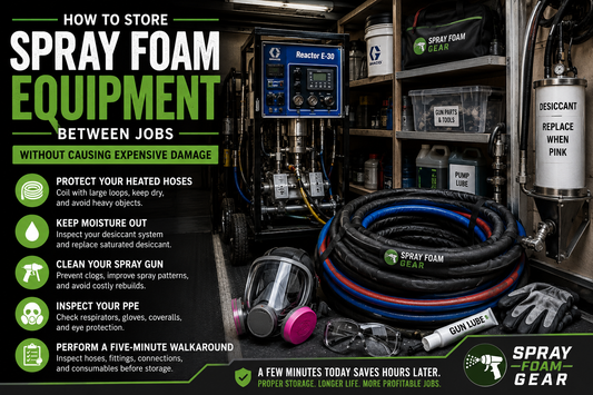 Properly stored spray foam equipment inside a contractor trailer featuring coiled heated hoses, PPE, desiccant system, and organized maintenance supplies to prevent downtime, extend equipment life, and improve spray foam jobsite productivity.