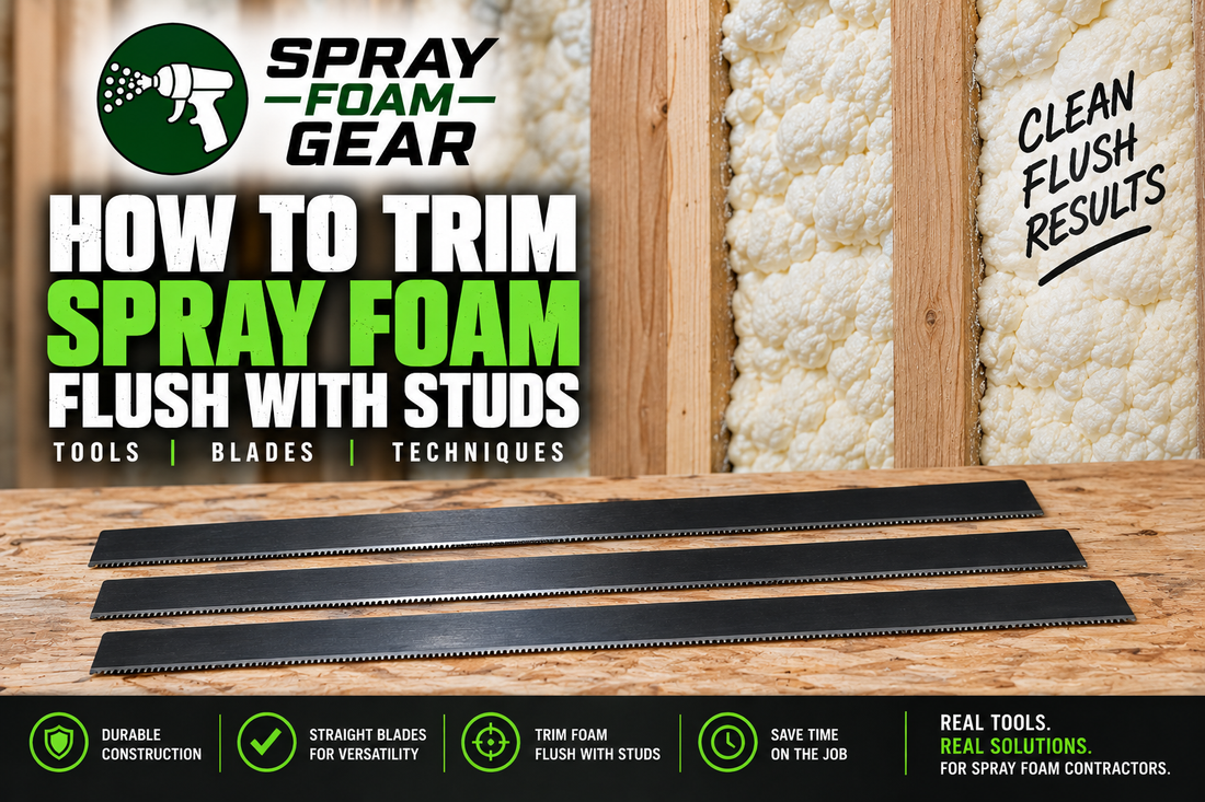 Spray foam trimming tools and offset Sawzall blades used to cut excess spray foam insulation flush with wall studs.