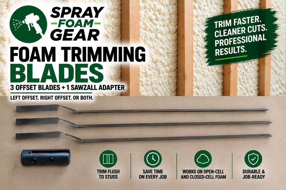 Three offset spray foam trimming blades with one Sawzall adapter, designed to trim open-cell and closed-cell spray foam flush with wall studs.