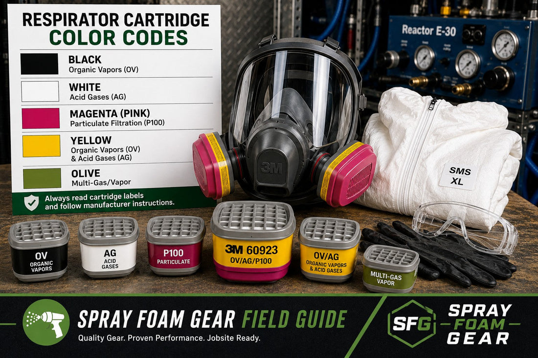 3M 60923 respirator cartridge color code chart with full-face respirator, disposable coveralls, safety glasses, and nitrile gloves.