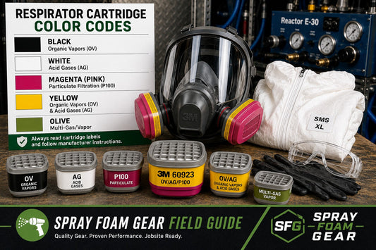 3M 60923 respirator cartridge color code chart with full-face respirator, disposable coveralls, safety glasses, and nitrile gloves.