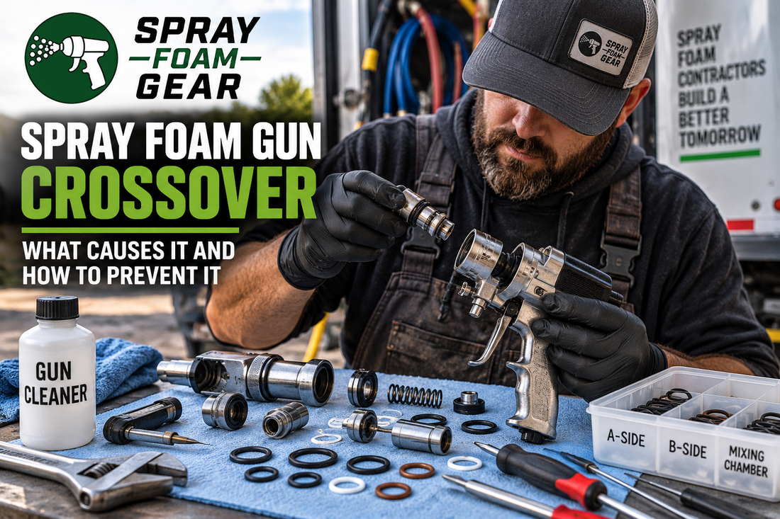 Spray foam technician servicing a spray foam gun to prevent crossover and equipment downtime.