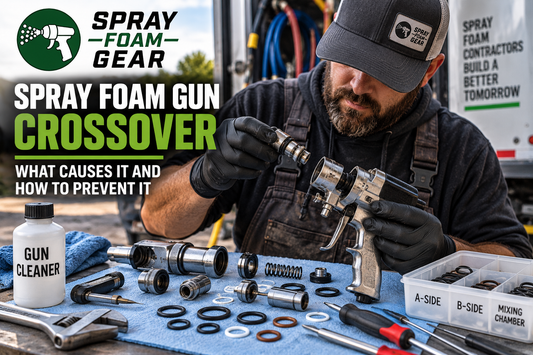Spray foam technician servicing a spray foam gun to prevent crossover and equipment downtime.