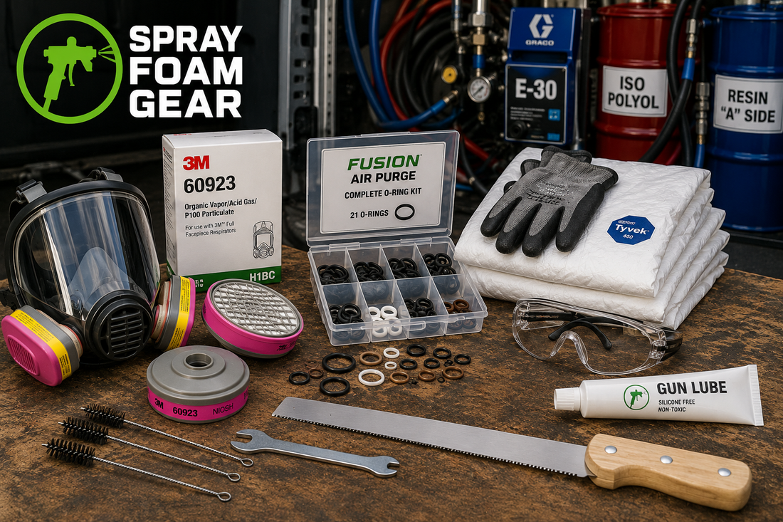 Spray foam accessories including respirator, cartridges, PPE, O-rings, cleaning tools and foam saw.