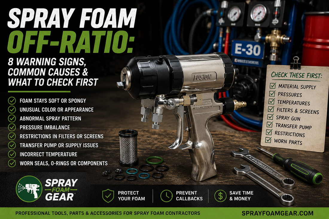 Spray foam off-ratio troubleshooting guide featuring a Fusion AP spray gun, warning signs, pressure checks and maintenance tips.