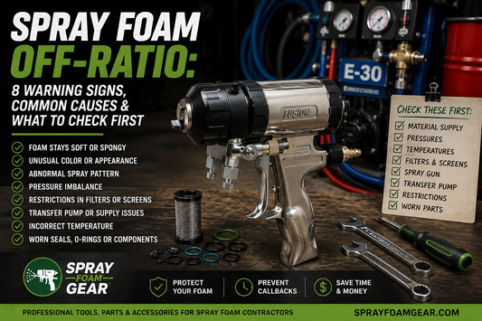 Spray foam off-ratio troubleshooting guide featuring a Fusion AP spray gun, warning signs, pressure checks and maintenance tips.