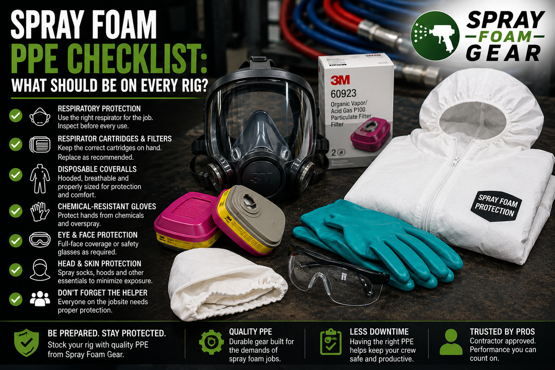 Spray foam PPE checklist with full-face respirator, 3M 60923 cartridges, coveralls, gloves and protective gear.