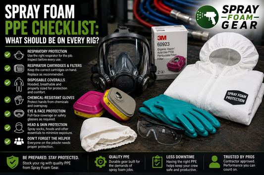 Spray foam PPE checklist with full-face respirator, 3M 60923 cartridges, coveralls, gloves and protective gear.