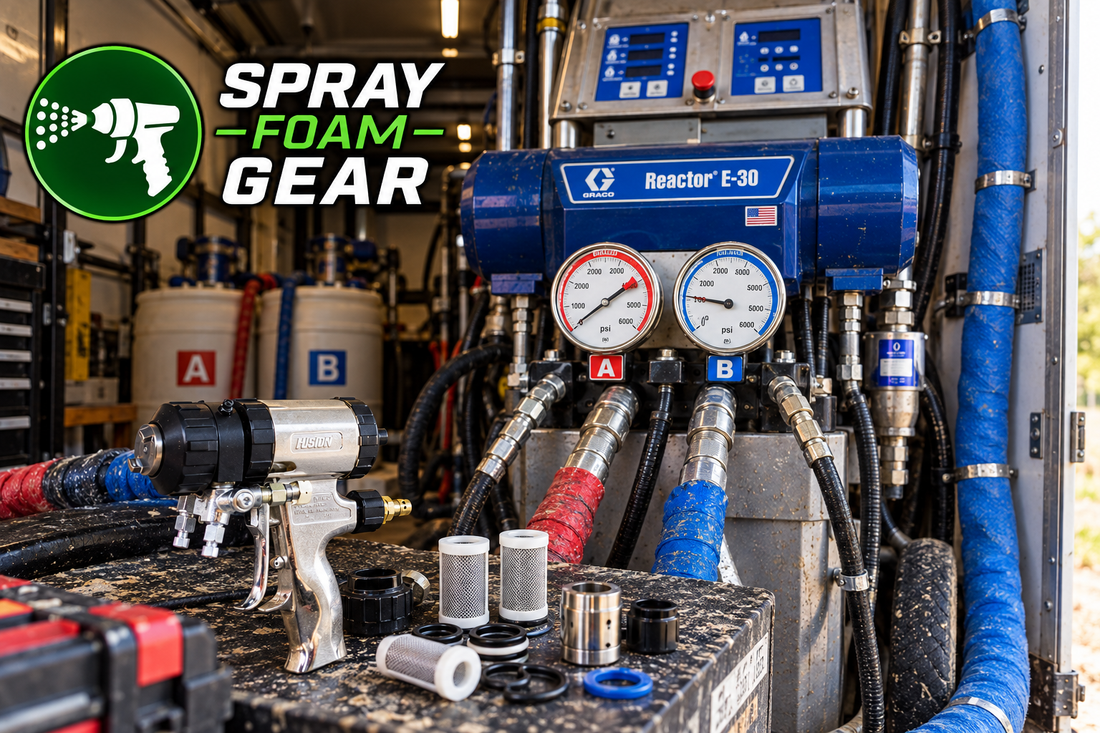 Spray foam pressure imbalance showing different A-side and B-side pressure gauge readings on professional spray foam equipment.