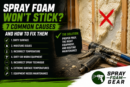 Spray foam insulation pulling away from wall studs beside a spray foam gun with the Spray Foam Gear logo, illustrating common spray foam adhesion problems and how proper equipment maintenance helps prevent application failures.