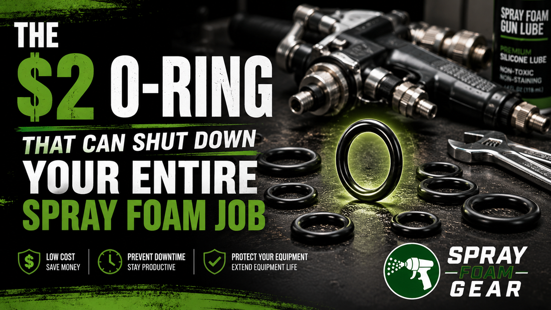 Replacement spray foam O-rings next to a professional spray foam gun with the Spray Foam Gear logo, highlighting preventative maintenance and equipment reliability.
