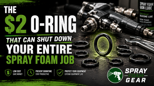 Replacement spray foam O-rings next to a professional spray foam gun with the Spray Foam Gear logo, highlighting preventative maintenance and equipment reliability.