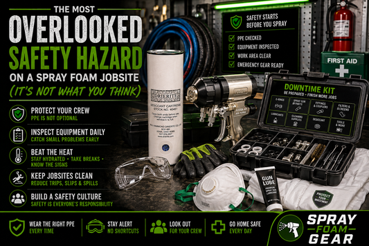 Spray foam safety equipment including Fusion AP spray gun, DRIERITE desiccant cartridge, PPE, O-ring kit, heated hose, and maintenance supplies promoting safe spray foam contractor jobsite practices.