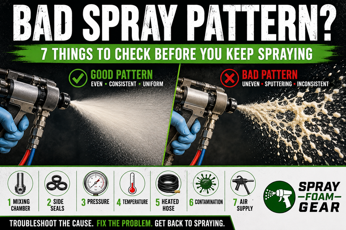 Fusion AP spray gun showing good vs. bad spray foam patterns with seven common equipment troubleshooting checks.