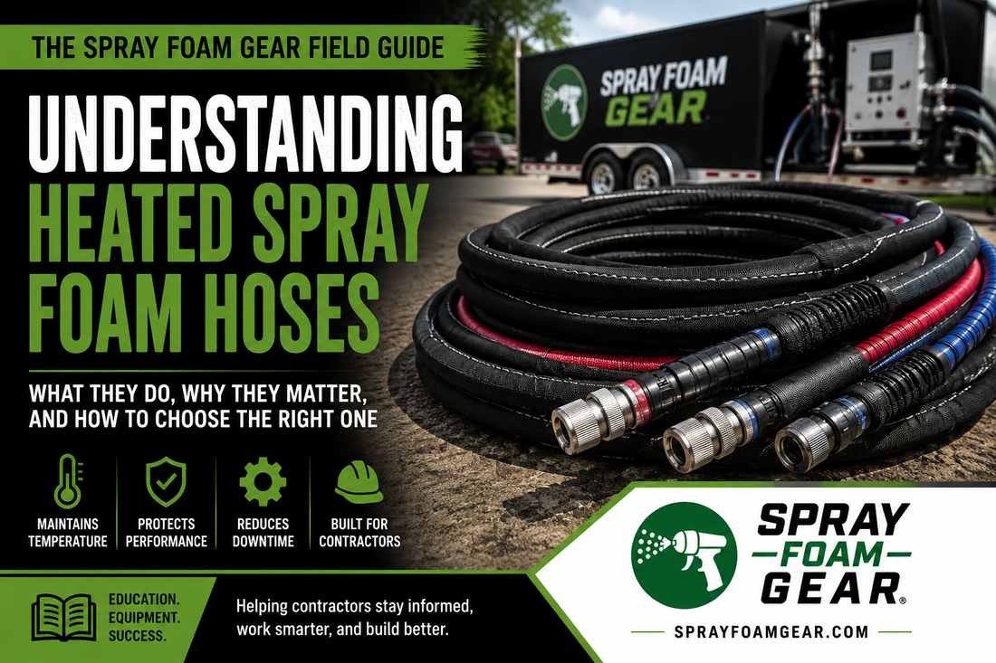 Heated spray foam hose assembly with Spray Foam Gear logo showing professional spray foam equipment and explaining heated hose function, maintenance, and compatibility.