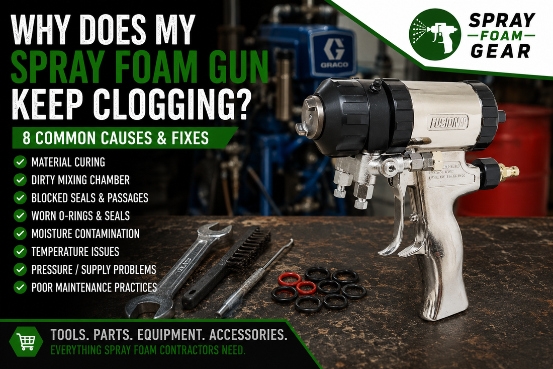 Fusion AP spray foam gun with maintenance tools and O-rings for troubleshooting common spray foam gun clogs.