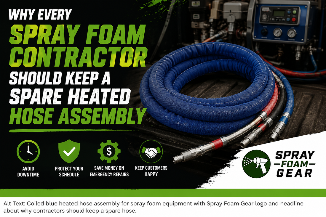 Coiled spray foam heated hose assembly on a contractor's truck bed with the Spray Foam Gear logo, illustrating how a backup heated hose helps prevent costly equipment downtime and keeps spray foam insulation projects on schedule.
