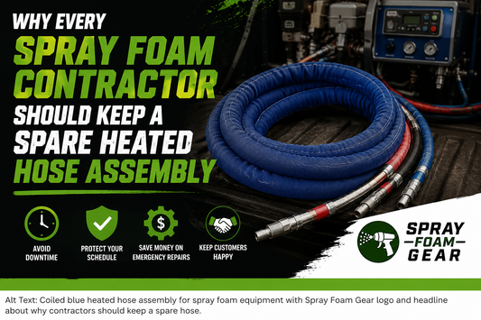 Coiled spray foam heated hose assembly on a contractor's truck bed with the Spray Foam Gear logo, illustrating how a backup heated hose helps prevent costly equipment downtime and keeps spray foam insulation projects on schedule.