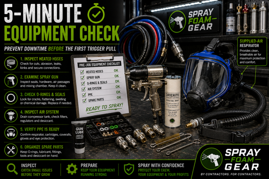 Fusion AP spray foam gun, DRIERITE desiccant cartridge, heated hose, O-ring kit, and maintenance supplies displayed for a five-minute pre-job spray foam equipment inspection checklist.