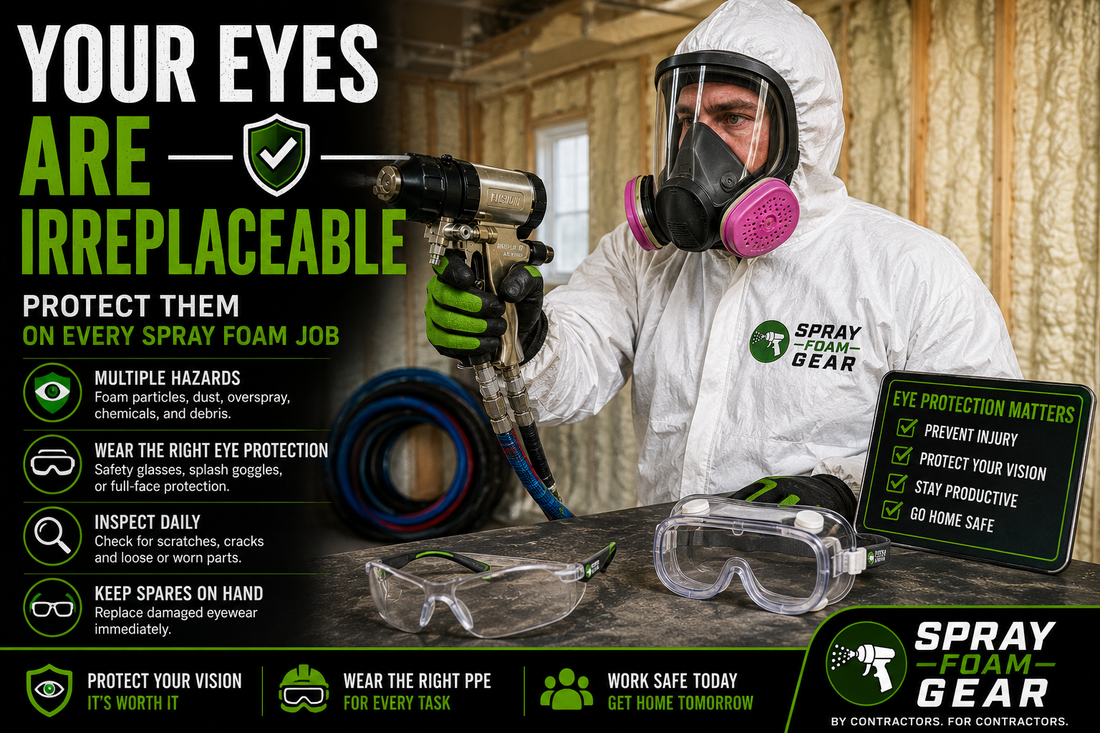 Spray foam contractor wearing full-face respirator, protective coveralls, gloves, and eye protection while using a Fusion AP spray gun to demonstrate proper PPE and jobsite safety.