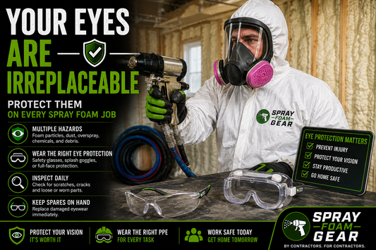 Spray foam contractor wearing full-face respirator, protective coveralls, gloves, and eye protection while using a Fusion AP spray gun to demonstrate proper PPE and jobsite safety.