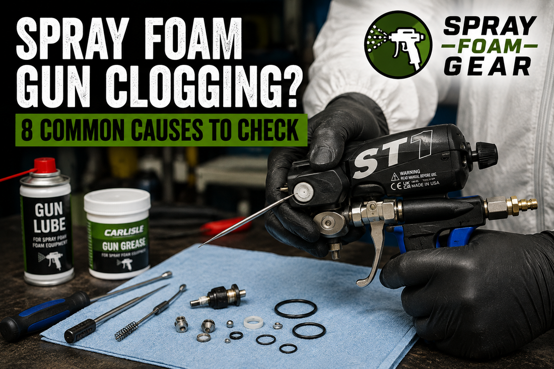 Carlisle ST1 spray foam gun being serviced with O-rings, cleaning tools, gun grease, and maintenance supplies.