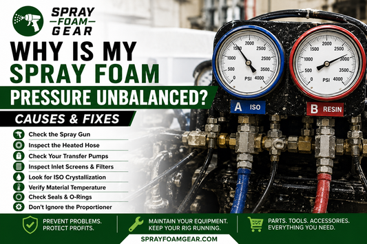 Spray foam pressure imbalance troubleshooting guide showing A-side and B-side gauges, common causes, and equipment inspection steps.