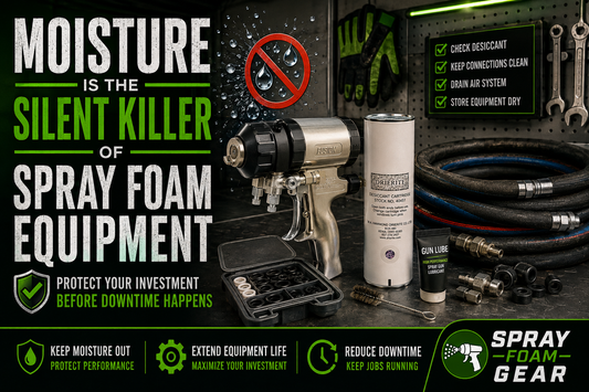Fusion AP spray foam gun with DRIERITE desiccant cartridge, heated hose, O-rings, and maintenance supplies illustrating moisture prevention for spray foam equipment maintenance.