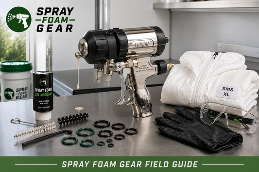 Spray foam gun with a small drip at the nozzle beside replacement O-rings and maintenance supplies.